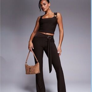 Kaiia exclusive double layered slinky gold hardware belt pant